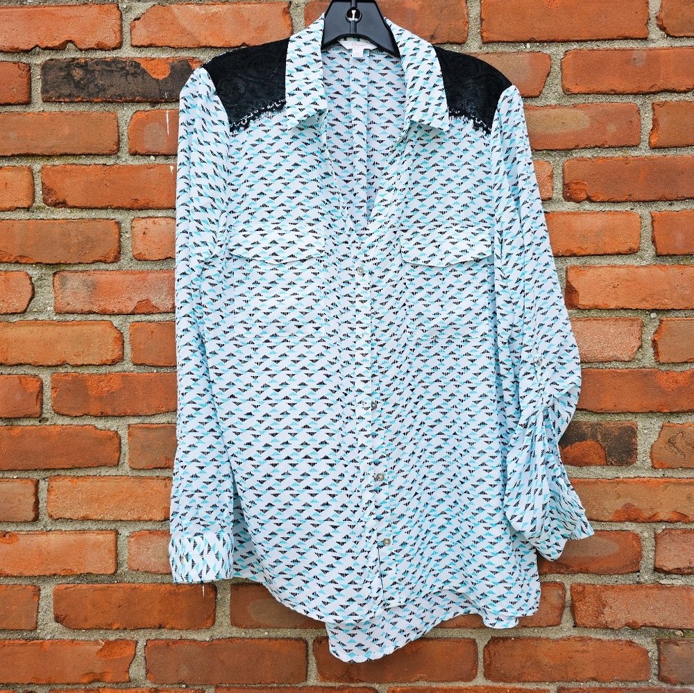 Candie’s Button Front Lace Shoulder Blouse.